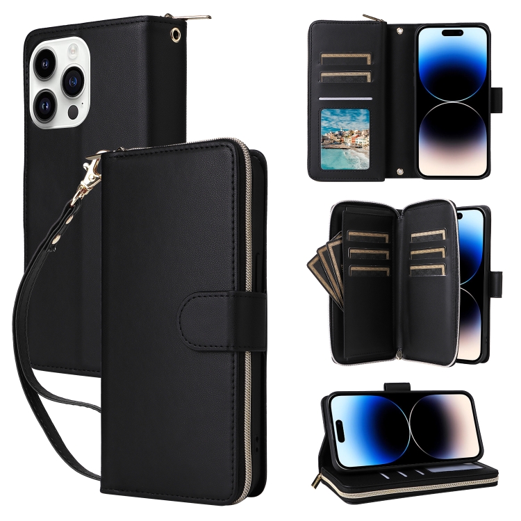

For iPhone 14 Pro Nine-card Slots Zipper Wallet Bag Leather Phone Case(Black)