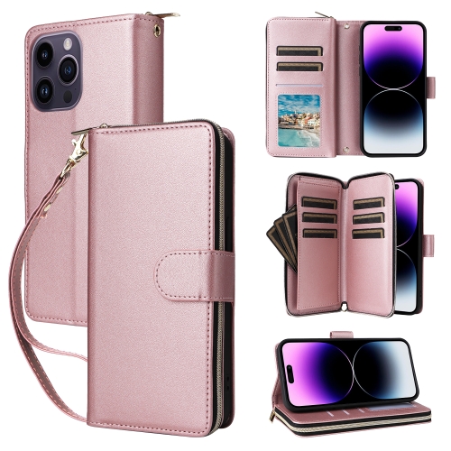 

For iPhone 14 Pro Max Nine-card Slots Zipper Wallet Bag Leather Phone Case(Rose Gold)