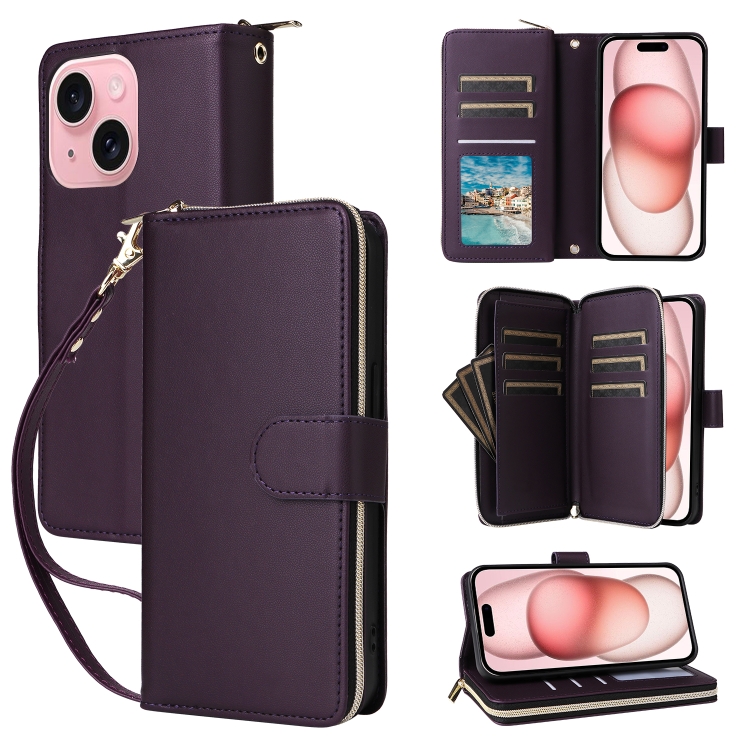 

For iPhone 15 Nine-card Slots Zipper Wallet Bag Leather Phone Case(Dark Purple)