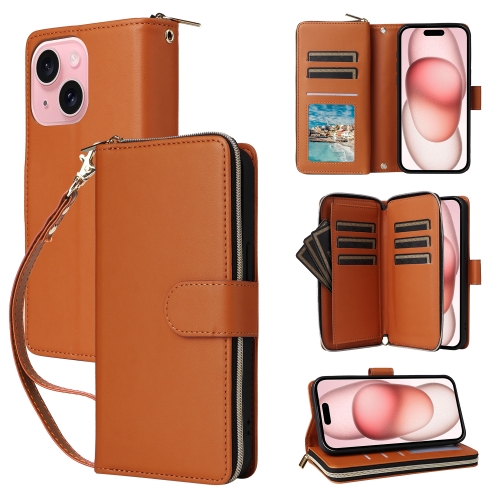

For iPhone 15 Plus / 14 Plus Nine-card Slots Zipper Wallet Bag Leather Phone Case(Brown)