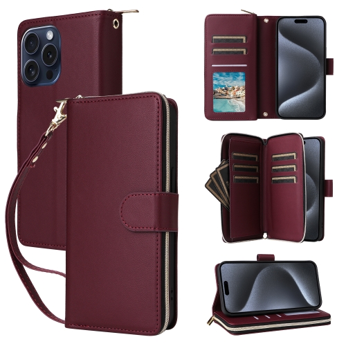 

For iPhone 15 Pro Nine-card Slots Zipper Wallet Bag Leather Phone Case(Wine Red)