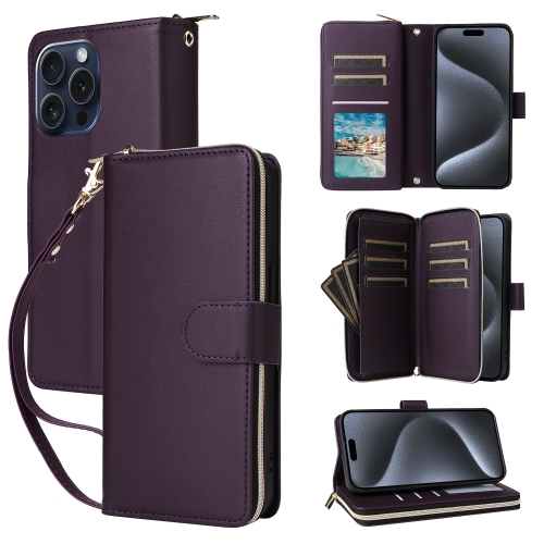 

For iPhone 15 Pro Max Nine-card Slots Zipper Wallet Bag Leather Phone Case(Dark Purple)