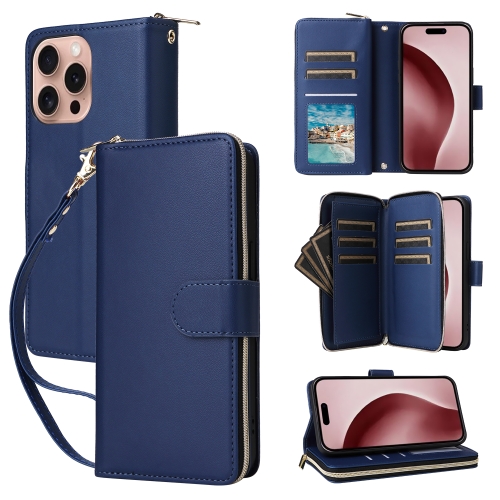 

For iPhone 16 Pro Nine-card Slots Zipper Wallet Bag Leather Phone Case(Blue)