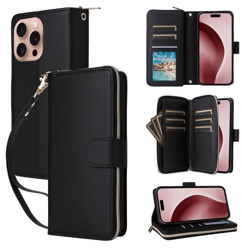 

For iPhone 16 Pro Nine-card Slots Zipper Wallet Bag Leather Phone Case(Black)