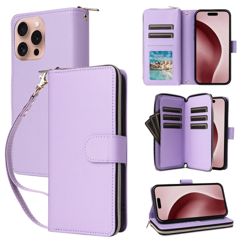 

For iPhone 16 Pro Max Nine-card Slots Zipper Wallet Bag Leather Phone Case(Light Purple)