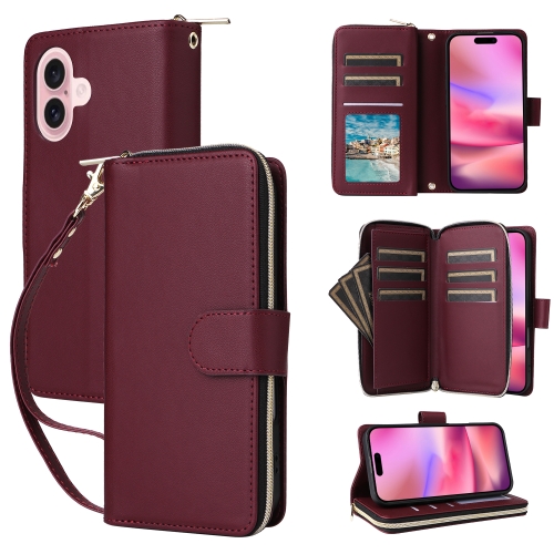 

For iPhone 16 Nine-card Slots Zipper Wallet Bag Leather Phone Case(Wine Red)