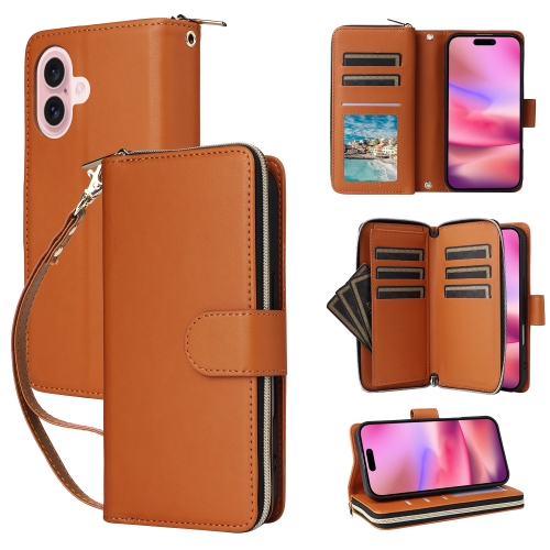 

For iPhone 16 Nine-card Slots Zipper Wallet Bag Leather Phone Case(Brown)