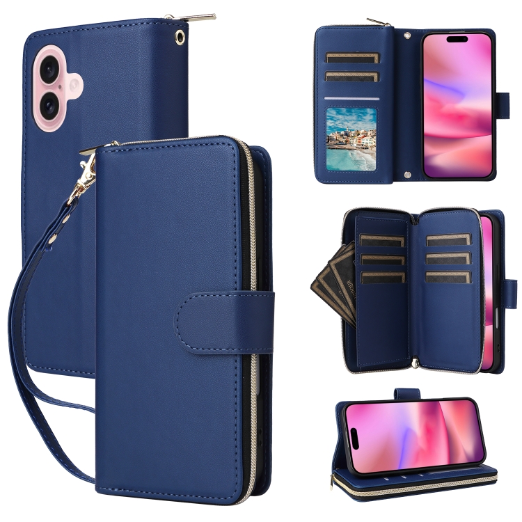 

For iPhone 16 Plus Nine-card Slots Zipper Wallet Bag Leather Phone Case(Blue)