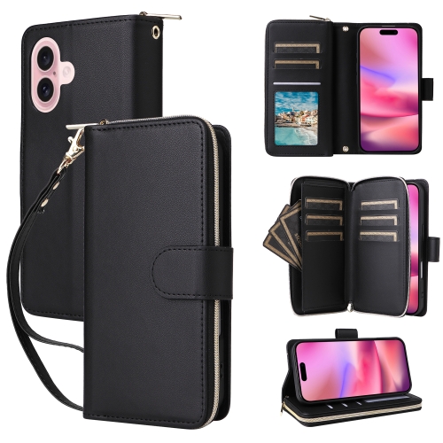 

For iPhone 16 Plus Nine-card Slots Zipper Wallet Bag Leather Phone Case(Black)