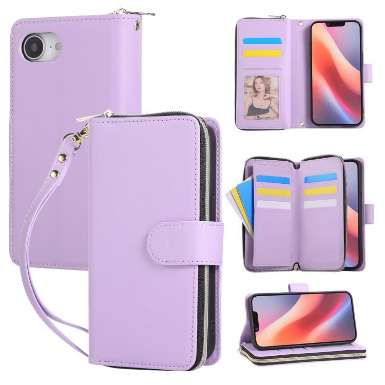 

For iPhone 16e Nine-card Slots Zipper Wallet Bag Leather Phone Case(Light Purple)
