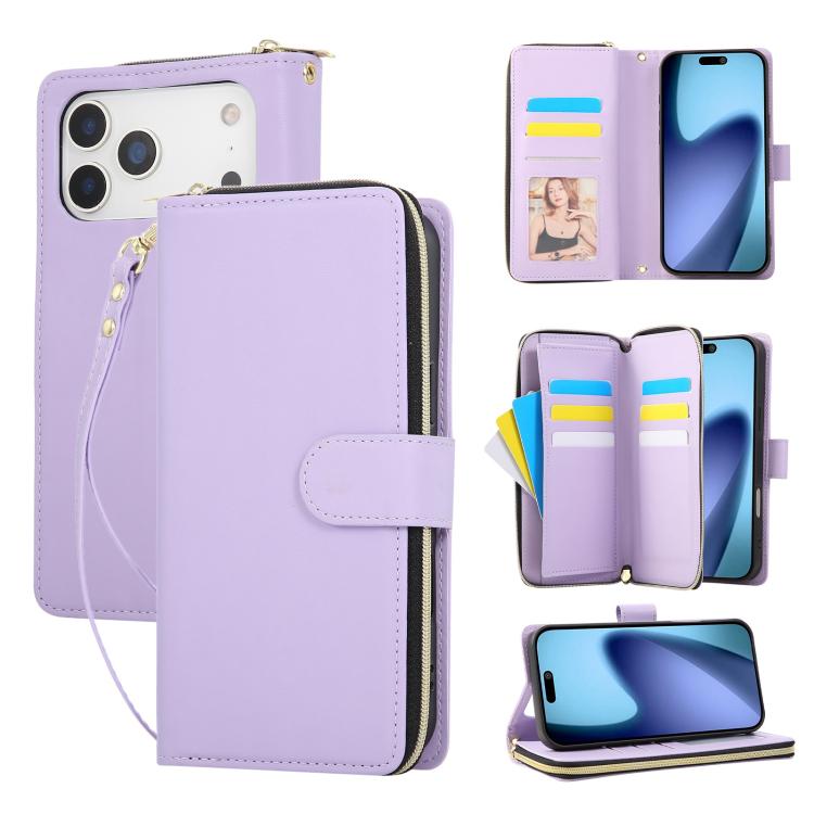 

For iPhone 17 Pro Max Nine-card Slots Zipper Wallet Bag Leather Phone Case(Light Purple)