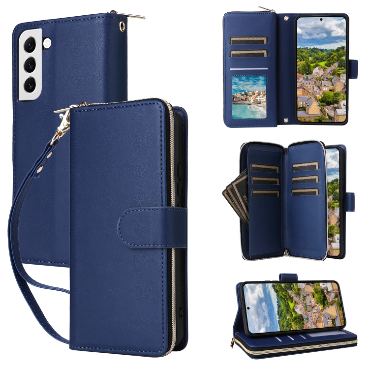 

For Samsung Galaxy S22 5G Nine-card Slots Zipper Wallet Bag Leather Phone Case(Blue)