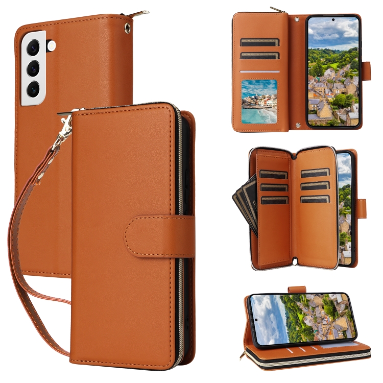 

For Samsung Galaxy S22 5G Nine-card Slots Zipper Wallet Bag Leather Phone Case(Brown)