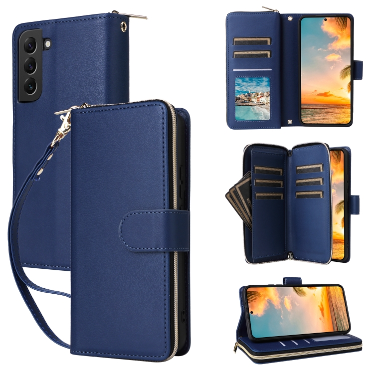 

For Samsung Galaxy S22+ 5G Nine-card Slots Zipper Wallet Bag Leather Phone Case(Blue)
