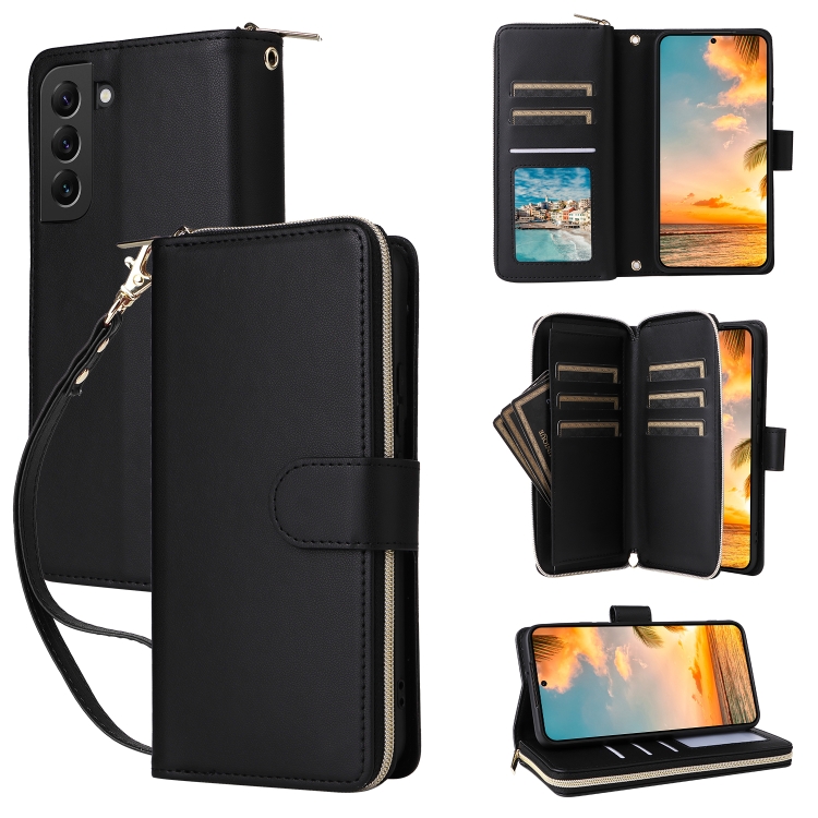 

For Samsung Galaxy S22+ 5G Nine-card Slots Zipper Wallet Bag Leather Phone Case(Black)