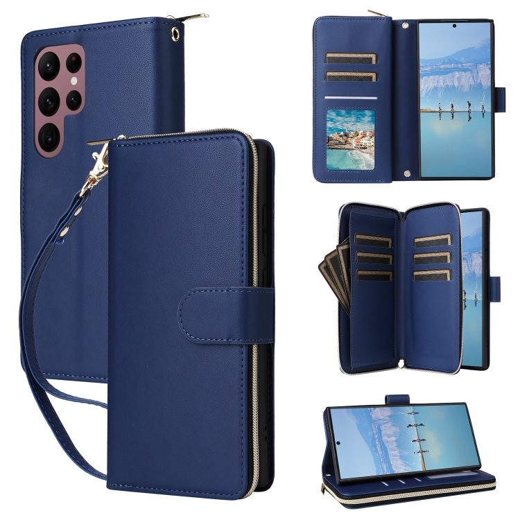 

For Samsung Galaxy S22 Ultra 5G Nine-card Slots Zipper Wallet Bag Leather Phone Case(Blue)