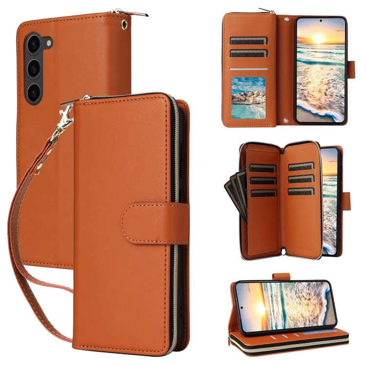 

For Samsung Galaxy S23 5G Nine-card Slots Zipper Wallet Bag Leather Phone Case(Brown)