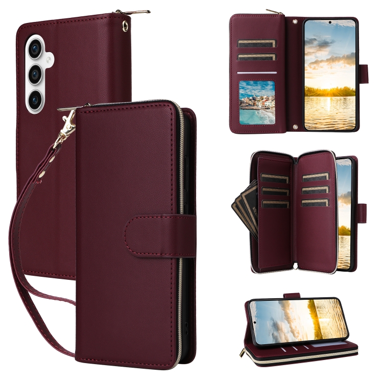 

For Samsung Galaxy S23 FE 5G Nine-card Slots Zipper Wallet Bag Leather Phone Case(Wine Red)