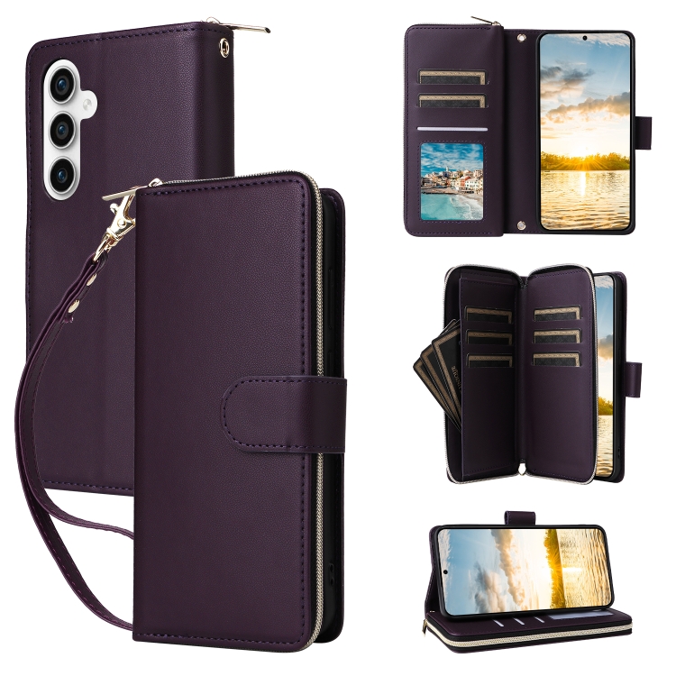 

For Samsung Galaxy S23 FE 5G Nine-card Slots Zipper Wallet Bag Leather Phone Case(Dark Purple)