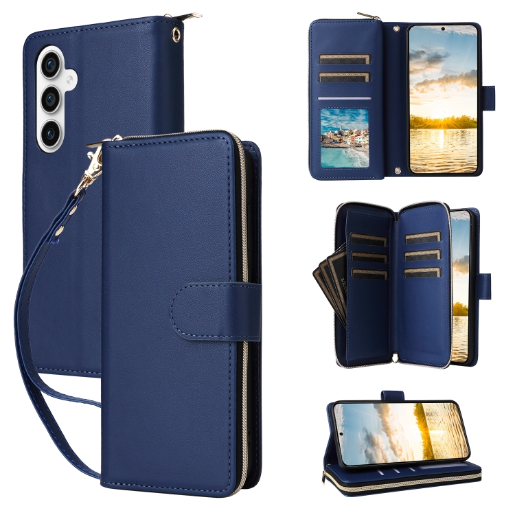 

For Samsung Galaxy S23 FE 5G Nine-card Slots Zipper Wallet Bag Leather Phone Case(Blue)