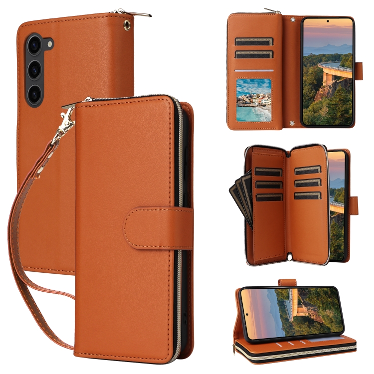 

For Samsung Galaxy S23+ 5G Nine-card Slots Zipper Wallet Bag Leather Phone Case(Brown)