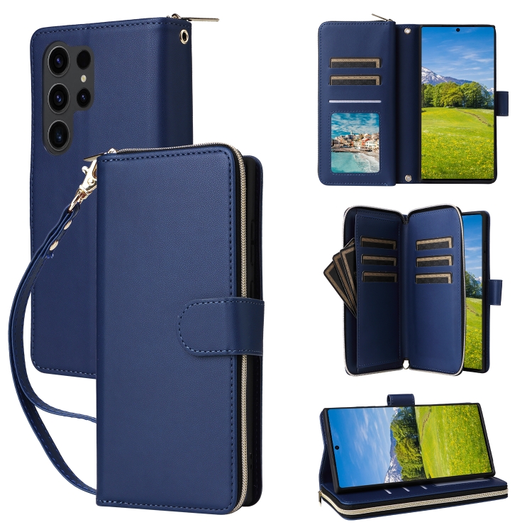 

For Samsung Galaxy S23 Ultra 5G Nine-card Slots Zipper Wallet Bag Leather Phone Case(Blue)
