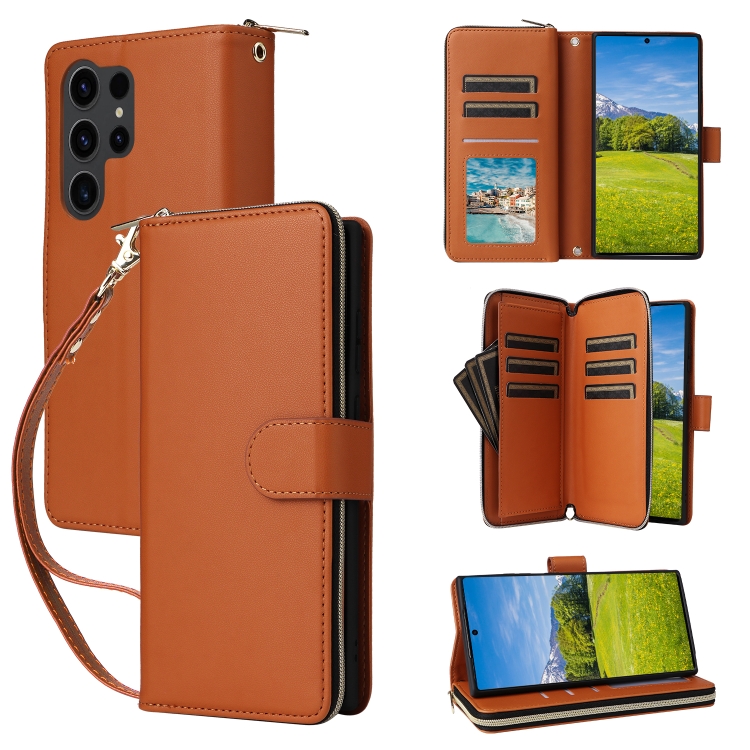 

For Samsung Galaxy S23 Ultra 5G Nine-card Slots Zipper Wallet Bag Leather Phone Case(Brown)
