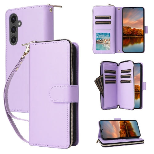 

For Samsung Galaxy S24 FE 5G Nine-card Slots Zipper Wallet Bag Leather Phone Case(Purple)