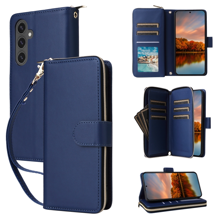 

For Samsung Galaxy S24 FE 5G Nine-card Slots Zipper Wallet Bag Leather Phone Case(Blue)