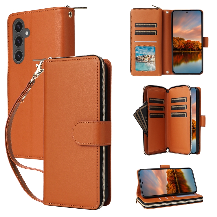 

For Samsung Galaxy S24 FE 5G Nine-card Slots Zipper Wallet Bag Leather Phone Case(Brown)