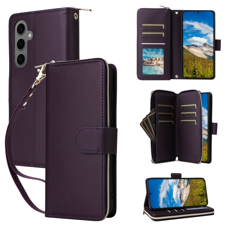 

For Samsung Galaxy S24+ 5G Nine-card Slots Zipper Wallet Bag Leather Phone Case(Dark Purple)