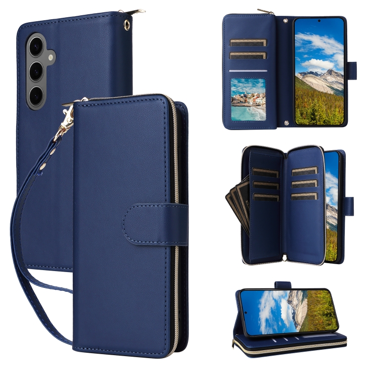 

For Samsung Galaxy S24+ 5G Nine-card Slots Zipper Wallet Bag Leather Phone Case(Blue)