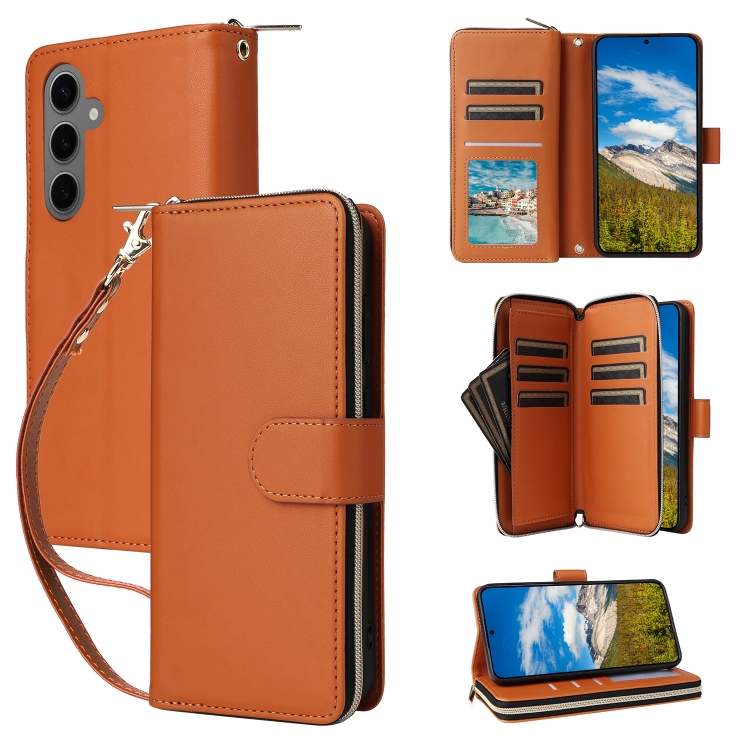 

For Samsung Galaxy S24+ 5G Nine-card Slots Zipper Wallet Bag Leather Phone Case(Brown)