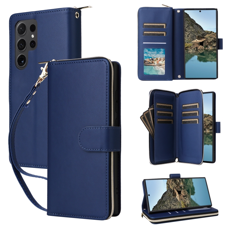 

For Samsung Galaxy S24 Ultra 5G Nine-card Slots Zipper Wallet Bag Leather Phone Case(Blue)