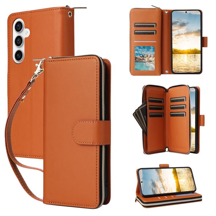 

For Samsung Galaxy S25 FE 5G Nine-card Slots Zipper Wallet Bag Leather Phone Case(Brown)