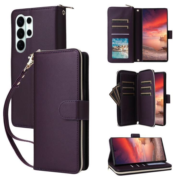 

For Samsung Galaxy S26 Ultra 5G Nine-card Slots Zipper Wallet Bag Leather Phone Case(Dark Purple)