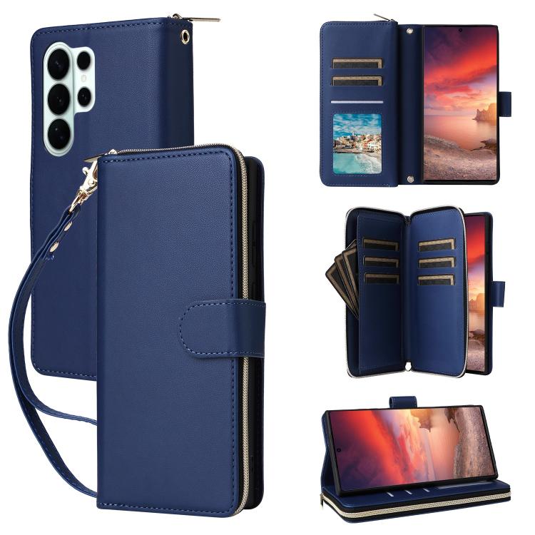 

For Samsung Galaxy S26 Ultra 5G Nine-card Slots Zipper Wallet Bag Leather Phone Case(Blue)