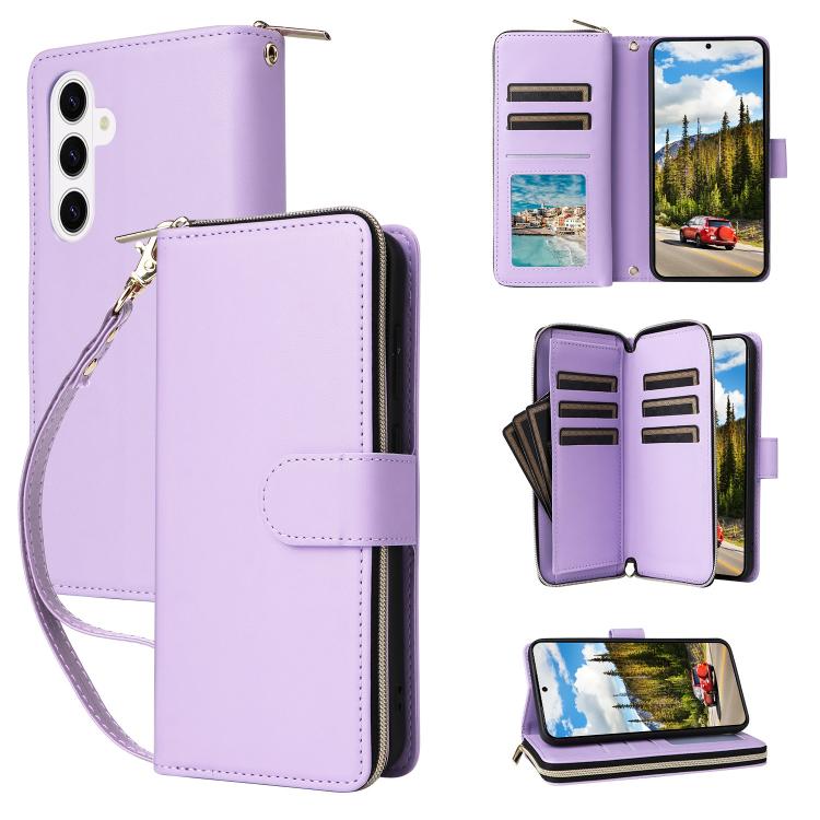 

For Samsung Galaxy S26+ 5G Nine-card Slots Zipper Wallet Bag Leather Phone Case(Purple)