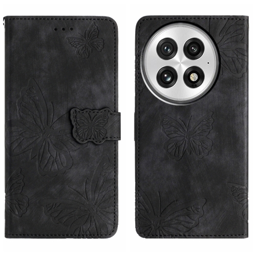 

For OnePlus 13 Skin-feel Embossed Butterfly Leather Phone Case(Black)