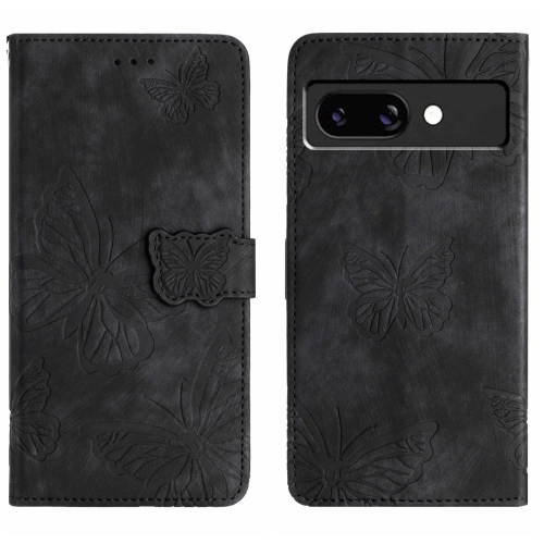 

For Google Pixel 9a Skin-feel Embossed Butterfly Leather Phone Case(Black)