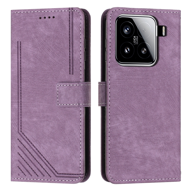

For Xiaomi 15 Skin Feel Stripe Pattern Leather Phone Case with Lanyard(Purple)