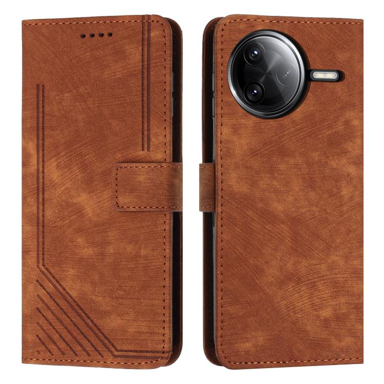 

For Xiaomi Poco F7 Pro / F7 Ultra Skin Feel Stripe Pattern Leather Phone Case with Lanyard(Brown)