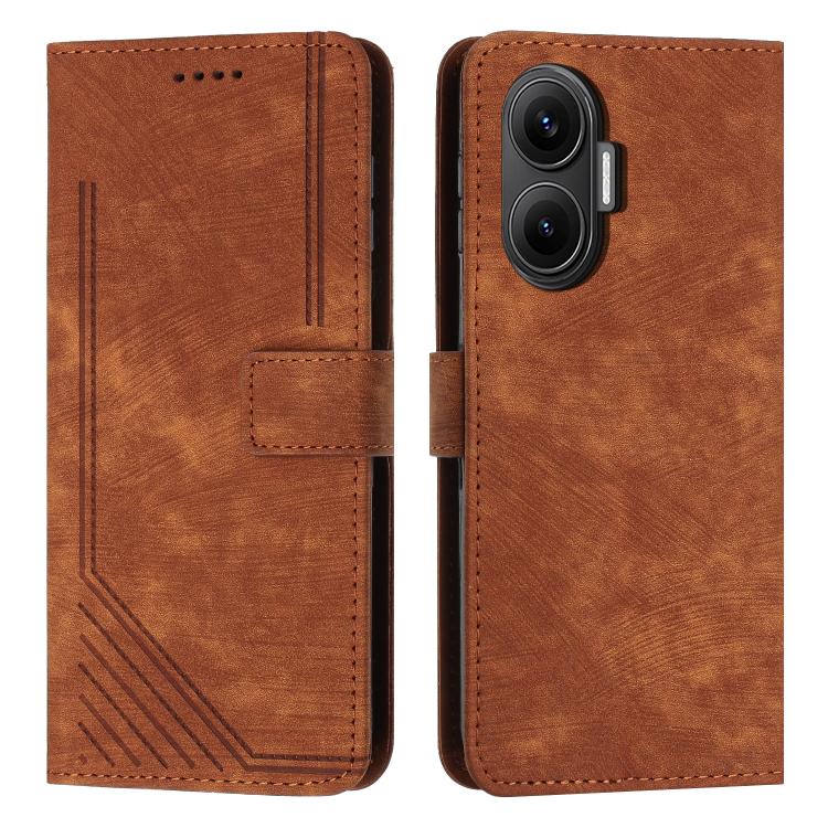 

For Xiaomi Poco F7 Skin Feel Stripe Pattern Leather Phone Case with Lanyard(Brown)