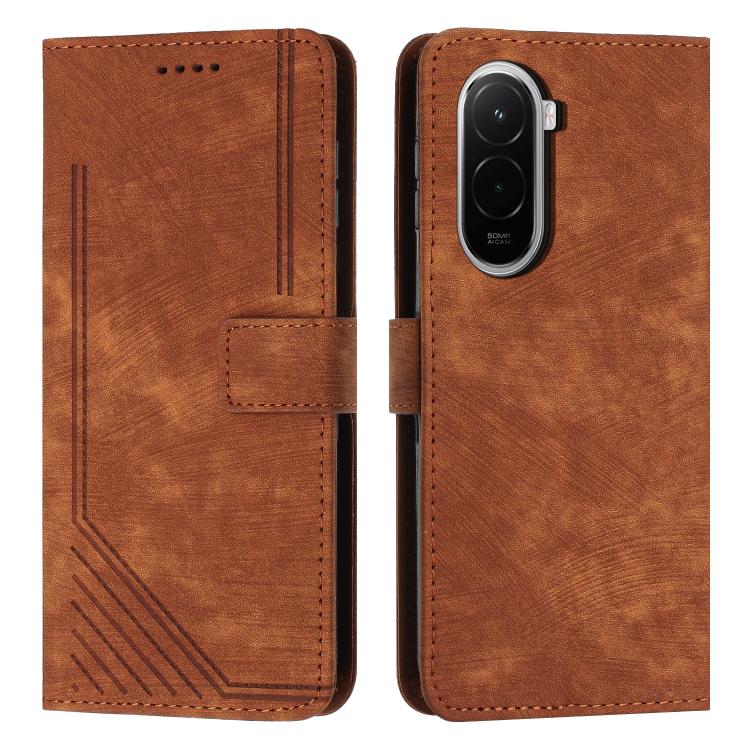 

For Xiaomi Poco M7 4G 169mm Skin Feel Stripe Pattern Leather Phone Case with Lanyard(Brown)