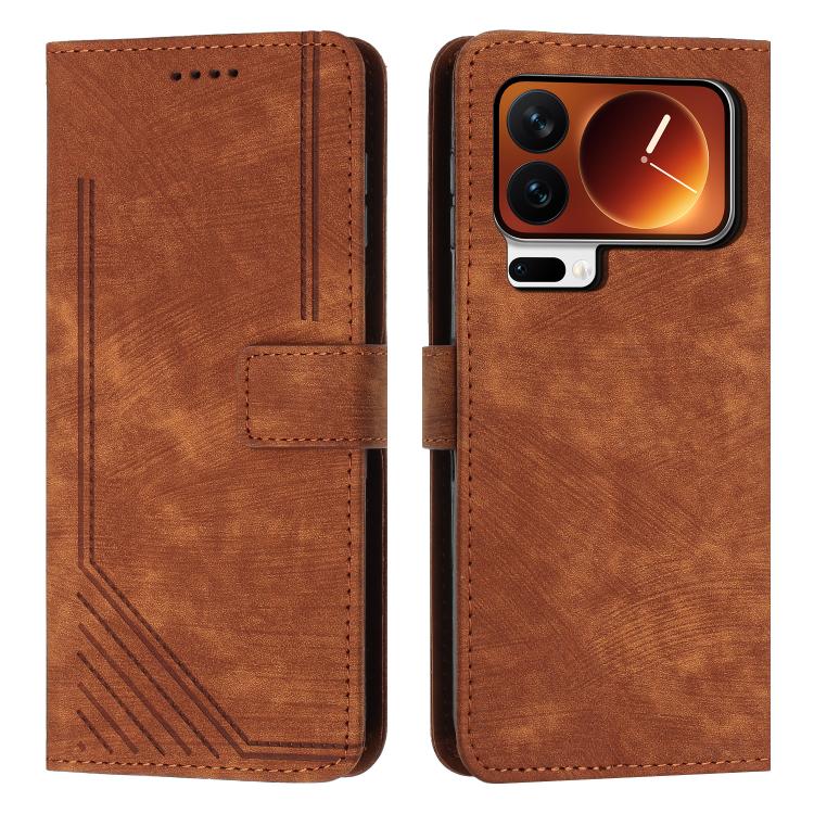 

For Xiaomi 17 Pro Max Skin Feel Stripe Pattern Leather Phone Case with Lanyard(Brown)