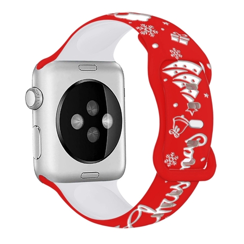 

For Apple Watch 46mm / 49mm / 45mm / 44mm Christmas Engraving Butterfly Buckle Silicone Watch Band(Red White)