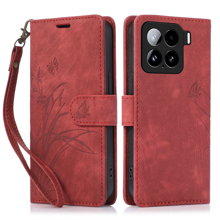

For Xiaomi 15 Pro Orchid Butterfly Embossed Leather Phone Case(Red)