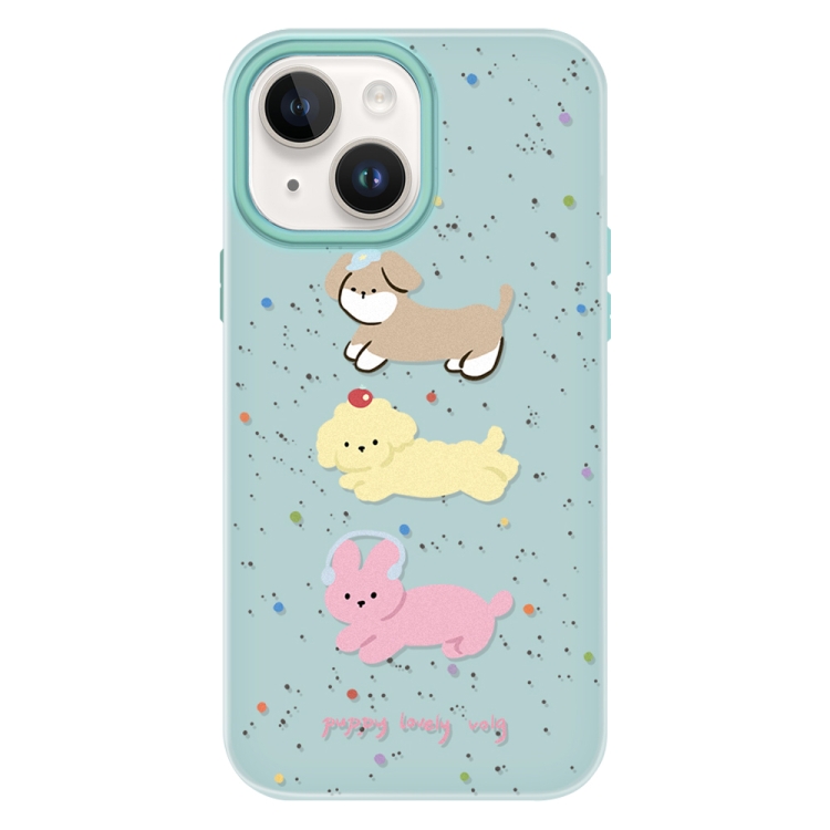 

For iPhone 14 Skin Feeling Jelly TPU Hybrid PC Phone Case(Three Puppies Light Green)