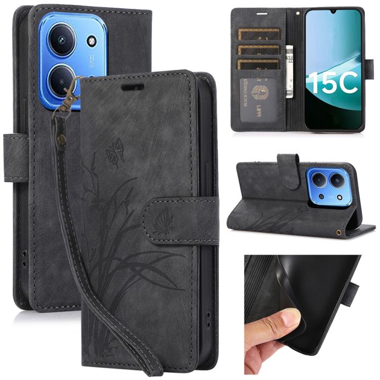 

For Redmi 15C 5G / 4G EU 173mm / Poco C85 5G Orchid Butterfly Embossed Leather Phone Case(Black)