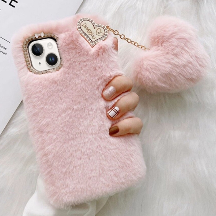 

For iPhone 14 Plus Gold Diamond Flower Decorated Plush Silicone Phone Case with Pendant(Pink)